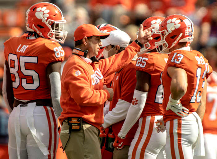Clemson coach Dabo Swinney gives instructions